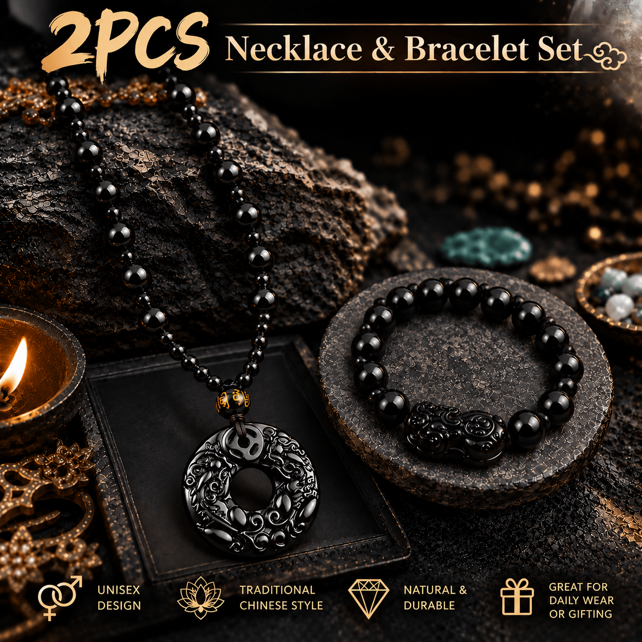 TEMU 2pcs Obsidian Carved Pendant Beaded Necklace And Pixiu Bracelet Set, Glossy Round Beads With Vintage Chinese-inspired , Unisex Jewelry For Daily