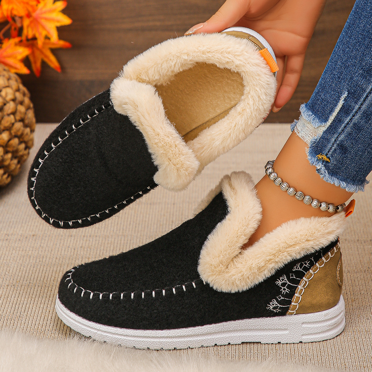 TEMU Women's -lined Winter Ankle Booties With Plush Collar & Warm Sole - Soft Warm Suitable For Indoor/outdoor Use, Cold Weather, Footwear For, , ,