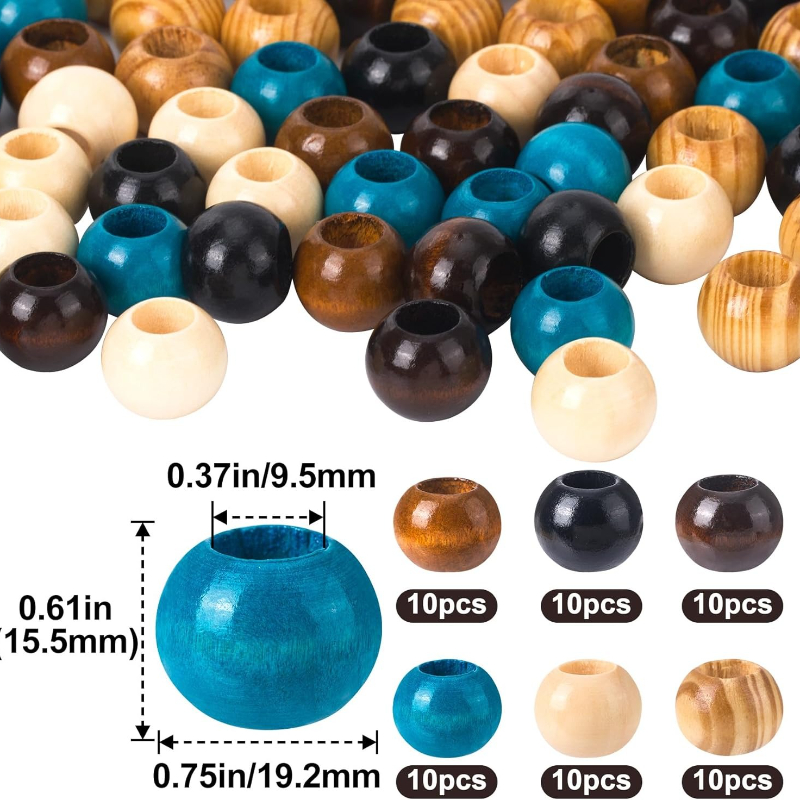 Image of 60pcs Wooden Beads For Crafts, Round Large Hole Wooden Hair Beads Vintage Wooden Spacer Beads For Macrame Necklace Bracelet Diy Craft Handmade Decor- 6 Colors