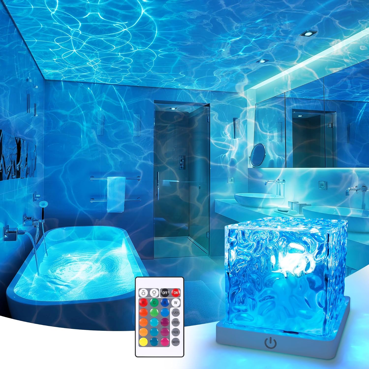 rechargeable creative night light rgb 16 color adjustable ocean wave projection lamp with remote controlled dimming rotating flame and water   ideal for restaurants bars display cabinets and bedroom decor powered