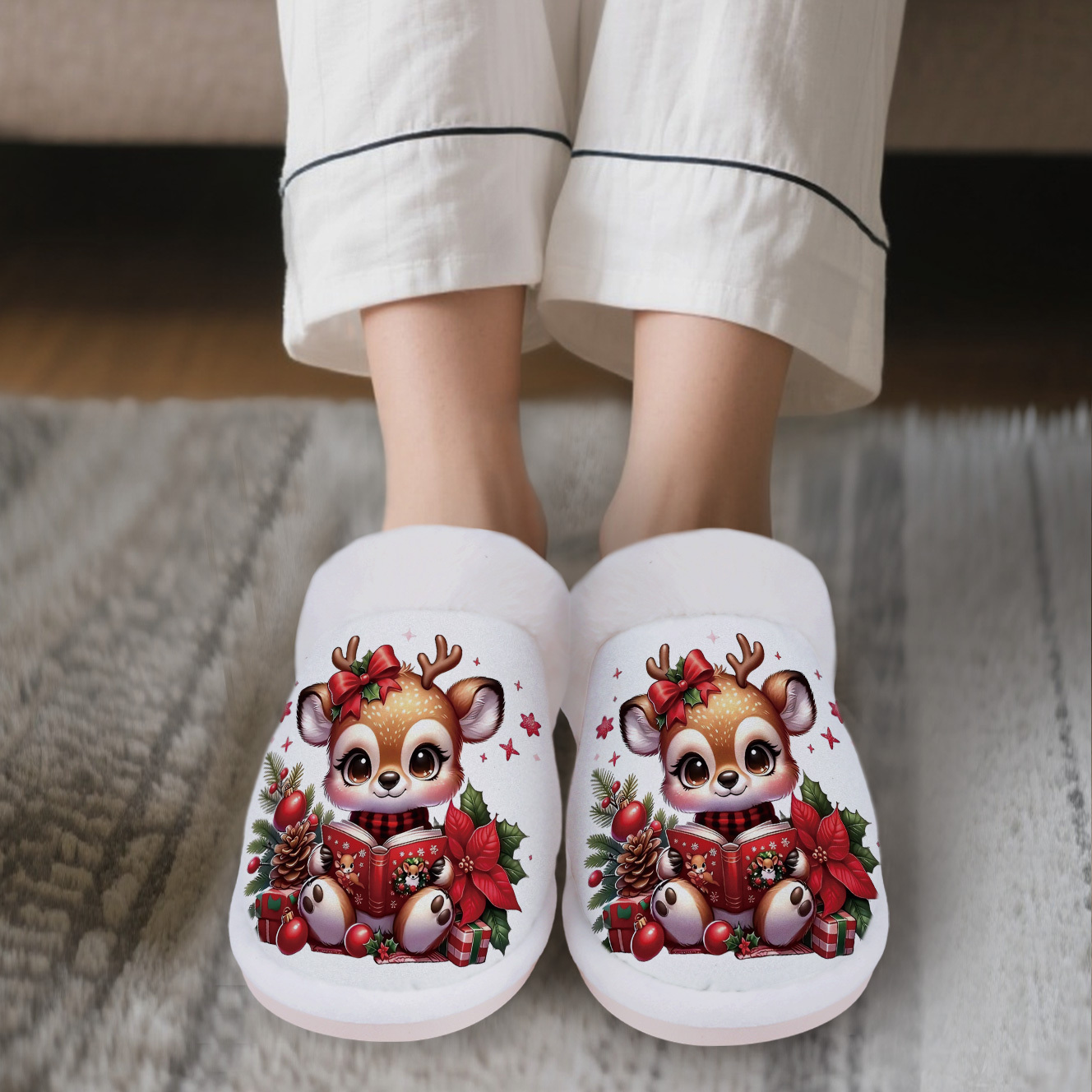 Women'S Cute Reindeer & Christmas Slippers - Non-Slip Cushioned Indoor House Shoes with Plush Lining, Machine Washable Winter Warmth, Reindeer Christmas