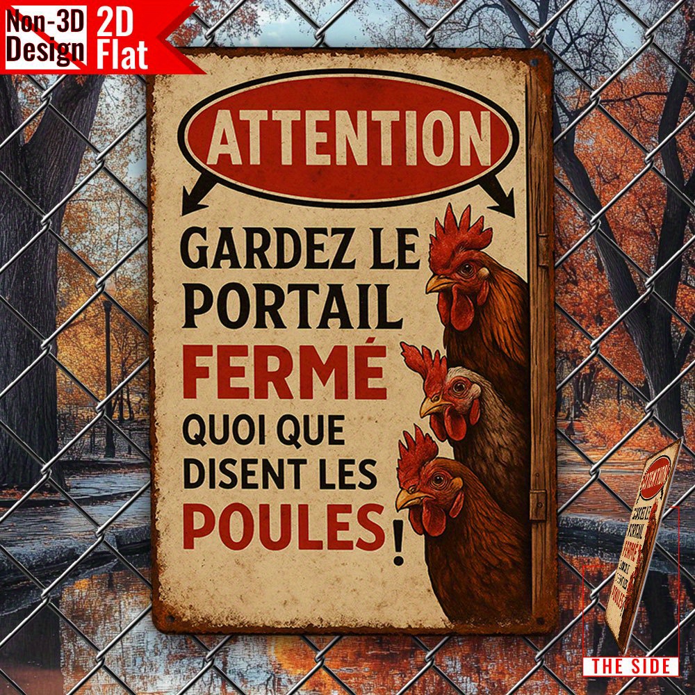 TEMU Plat 2D, [Plat 2D] Plat 2D - Panneau en métal étain français vintage - "Attention, fermée pour empêcher les poules de !" - Décoration murale