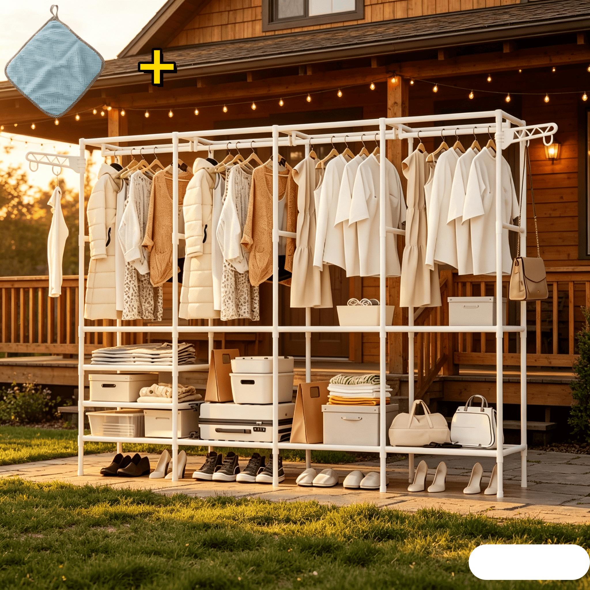 TEMU [1pc 4-row Hangers And 1pc Cleaning Towel] Heavy-duty Reinforced Floor Clothes Rack With Multi-compartment Hanging Structure, Independent Long