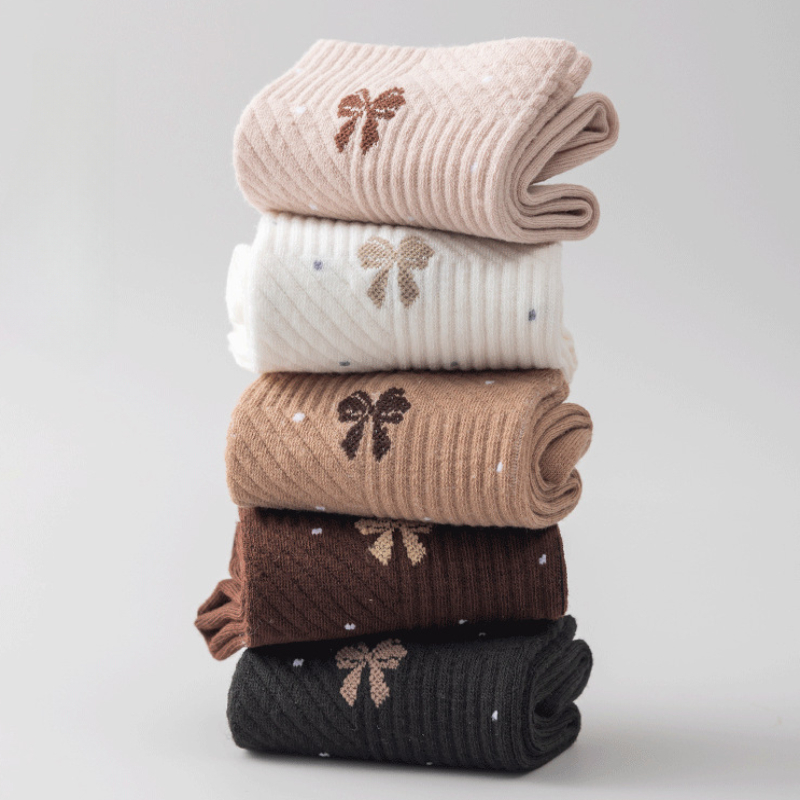 Image of 5-pair Women's Socks With Bow Pattern, Sports Socks, Autumn/winter Women's Socks, Mid-calf Socks For Spring, Autumn, And Winter, Ins-style Mid-calf Socks