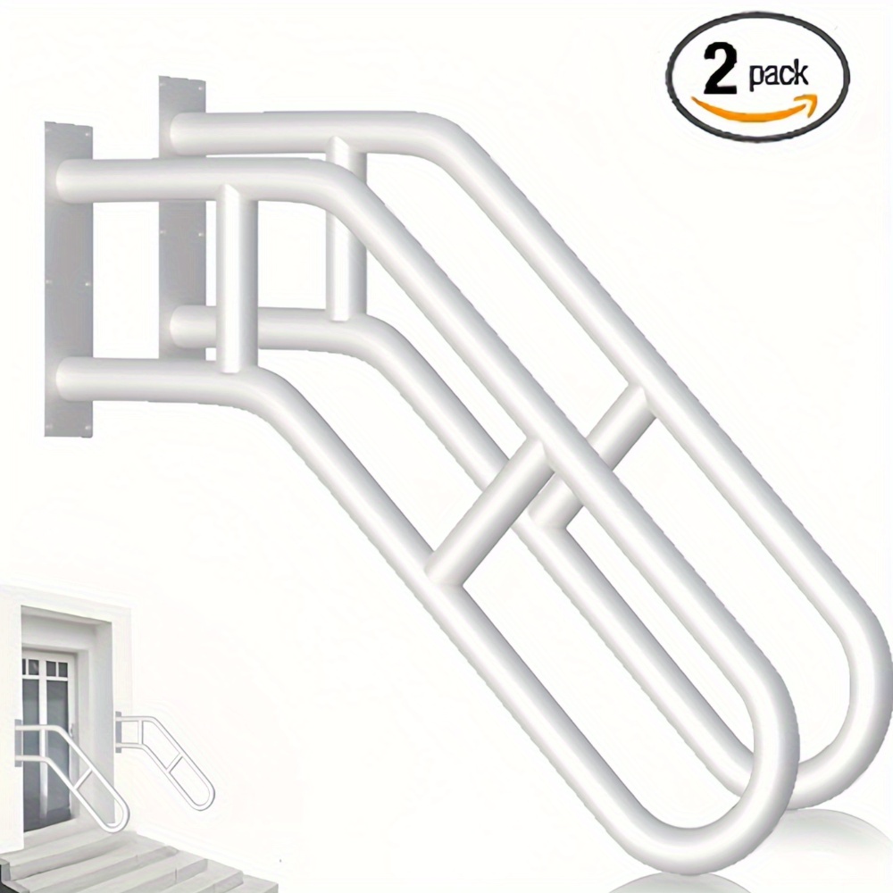 

2pcs Sleek White Cast Iron Safety Handrails For 1-3 Step Stairs - Curved, Wall-mounted U-shaped Design With Dual Anti-slip Bars, Ideal For Garages, , Gardens & Courtyards