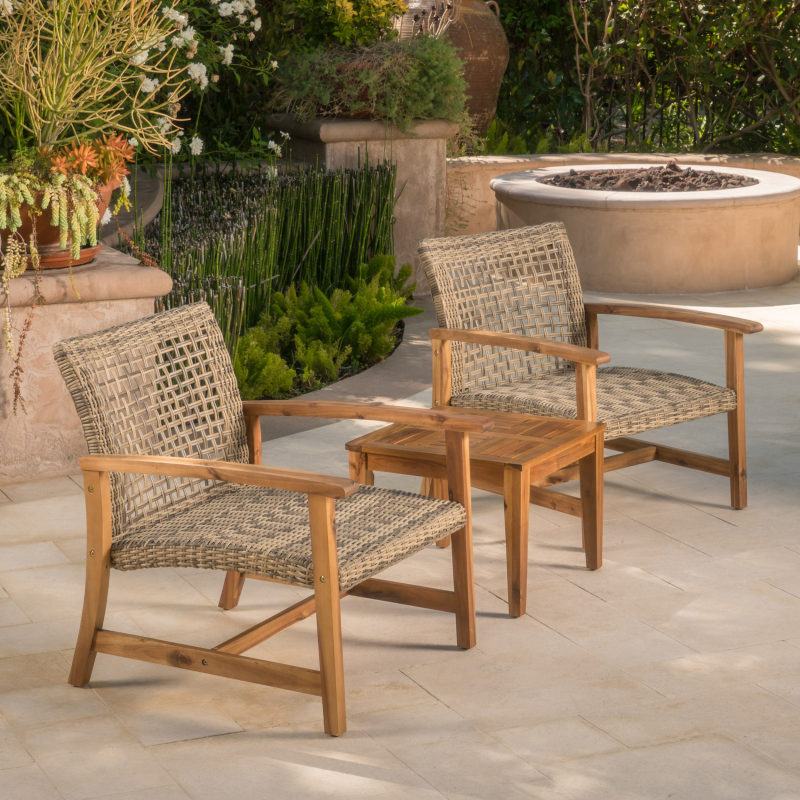 Outdoor Acacia Wood Wicker Club Chairs with Acacia Wood Frame, 2pcs Set