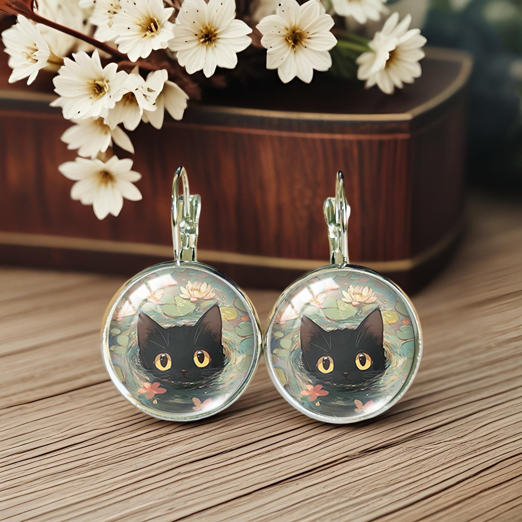Fashionable Black Cat in Water Minimalist Style Round Earrings