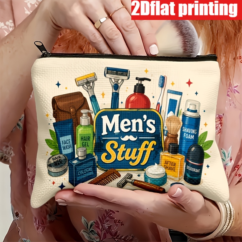 TEMU 2d Flat Printing 1pc Modern Fashion Men's Goods Collection Illustration "men's Stuff" Slogan Printed Makeup Bag, Multi- Storage Bag, Zipper