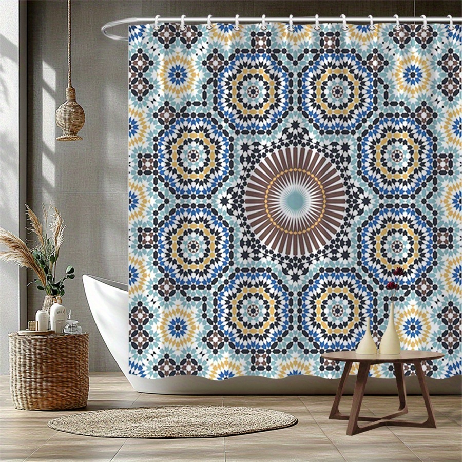TEMU 1pc Rideau de Douche Traditionnel Marocain Géométrique - avec et Étoiles, Artisanat en Mosaïque Texturée, Tissu Polyester Durable, 70x70 Pouces