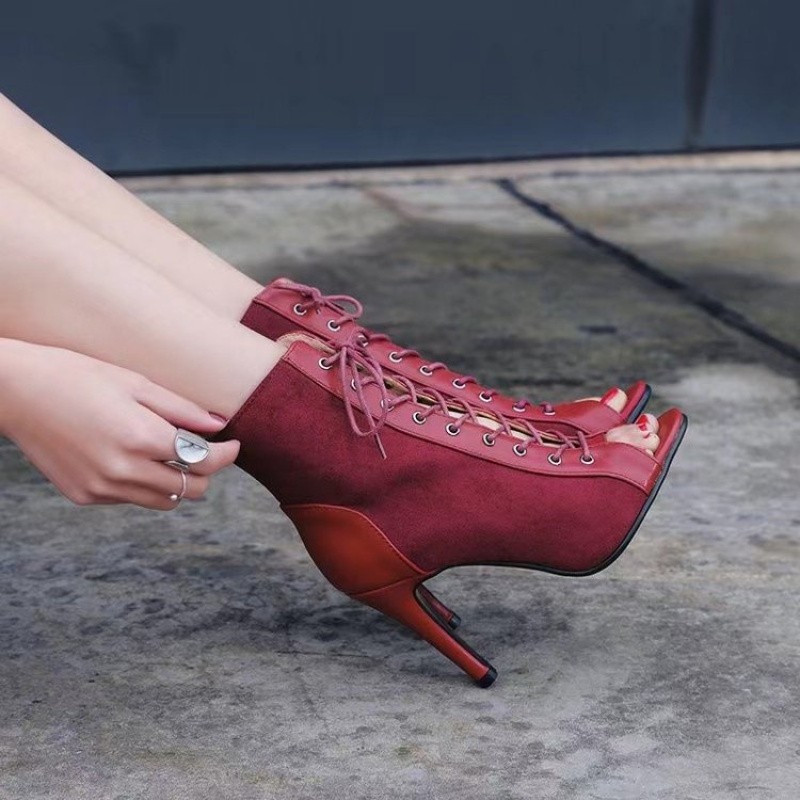 Ladies' Faux And Lace-Up Open-Toe Ankle Boots with a Slim Heel, Perfect for Sexy Evening Parties And Nightclub Outfits, Comfortable High Heels with a Back Zipper, an Ideal Gift Choice., Women Shoes
