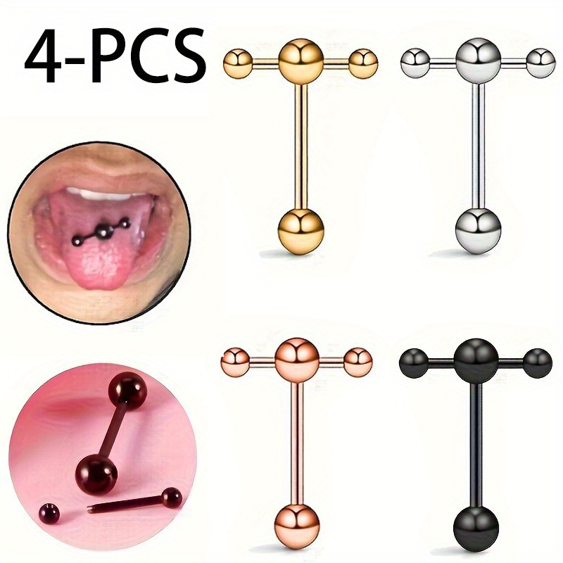 4pcs Sexy Stainless Steel T-shaped Top Straight Barbell Tongue Ring Piercing Set Classic Door Lock Tongue Teaser Double Barbell With Ring Ring Body Piercing Jewelry Set