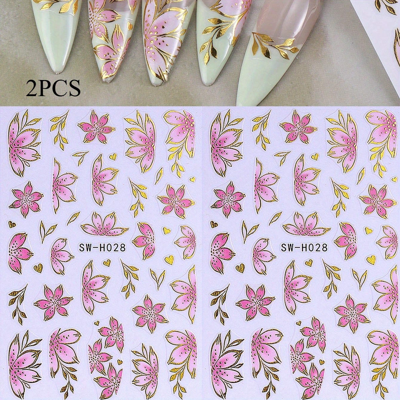 Image of 2pcs Pink Flower Nail Art Stickers With Golden Accents – 3d Self-adhesive Floral Decals For Elegant Manicure, Designs, Luxury Bronzing Edges, Perfect For Women's Nail Fashion, Nail Art Additions