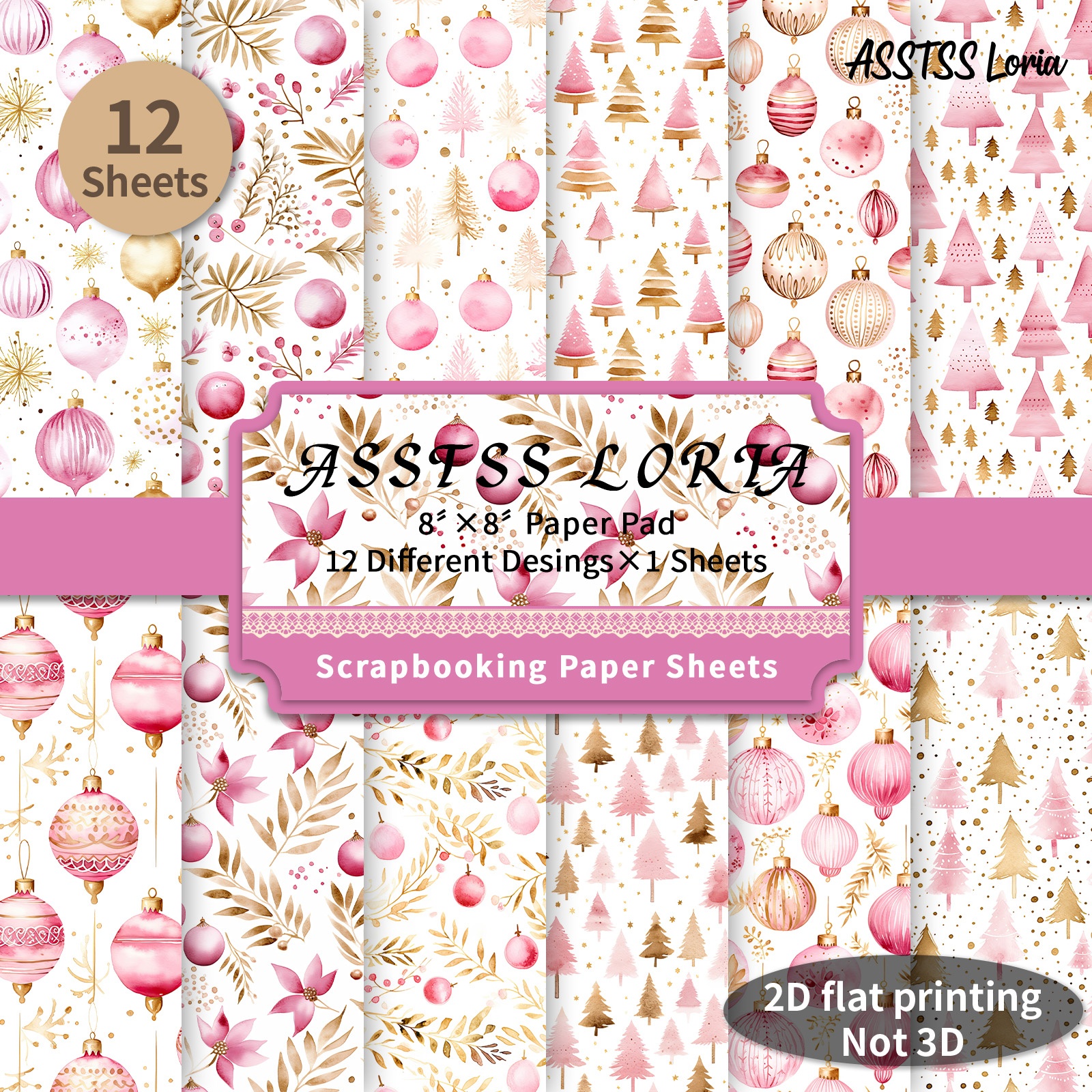TEMU 12-sheet Asstss Loria 8x8 Inch Scrapbooking Paper Pad, Watercolor Pink And Golden Christmas Plane/2d Backing Paper Supplies, Heavyweight