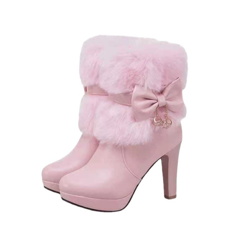 Women'S Winter Warm Fleece-Lined Ankle Boots with Plush Furry Collar & Bowknot - Chunky Heel, Round Toe, Zipper Closure, Lightweight Durable PU Cover, Cushioned Insole & Arch Support - Elegant Cold-Proof Boots for Outdoor Walking, Casual & Formal Ou