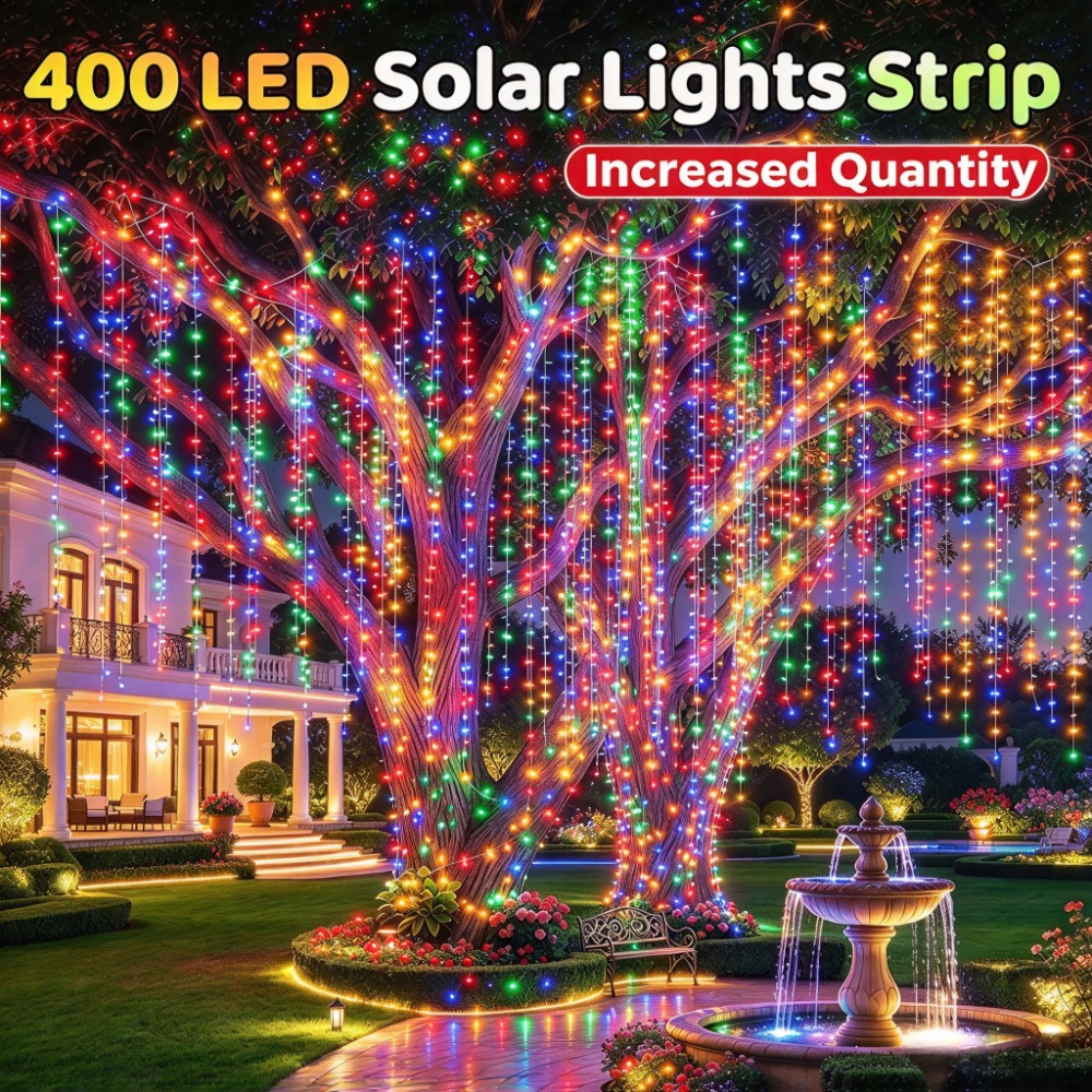 TEMU 400leds Solar Curtain Light Strip, Waterfall Fairy Light String, Hanging Tree Shaped Flashing Light String, Outdoor, Suitable For Garden,