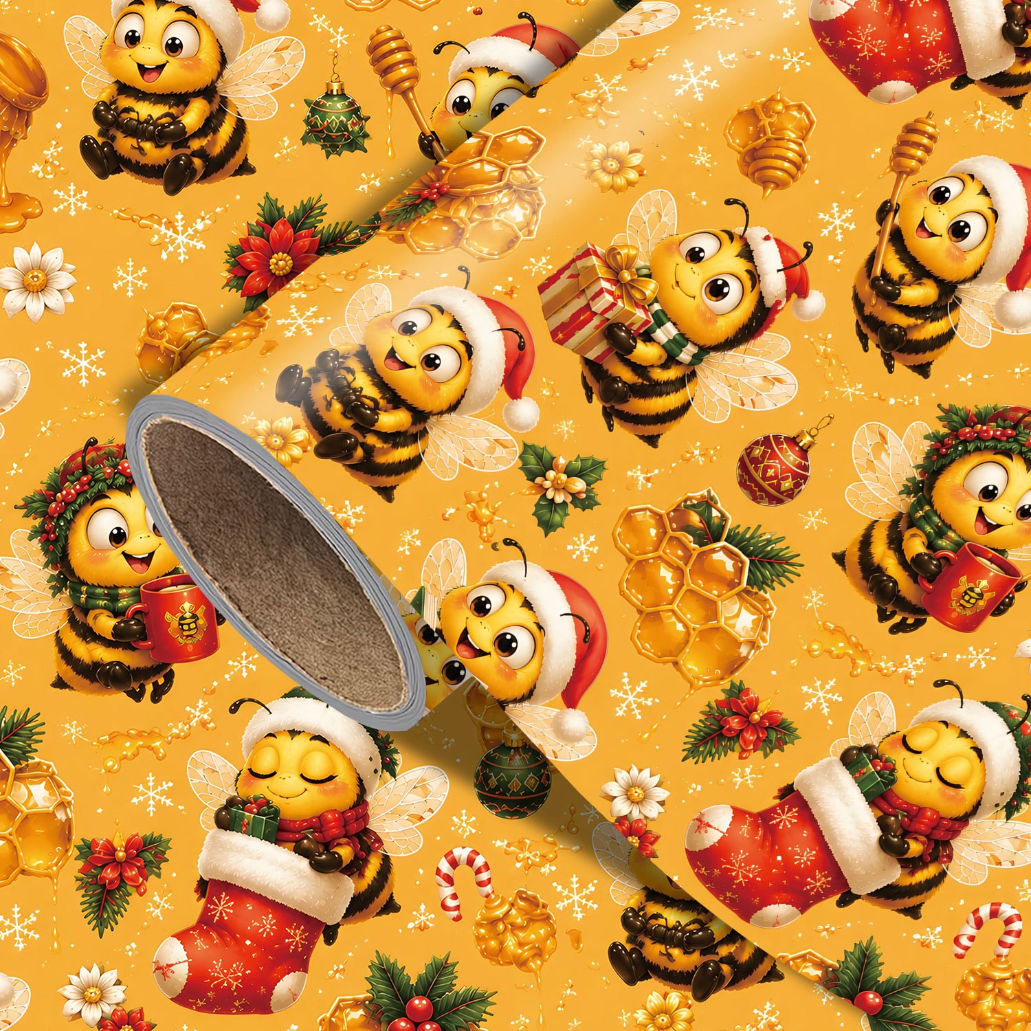 TEMU Rouleau de papier cadeau Noël Abeille - 17.7 X 118 pouces, Papier d'emballage cadeau de fêtes avec , , pots de miel, motif de pour cadeaux de