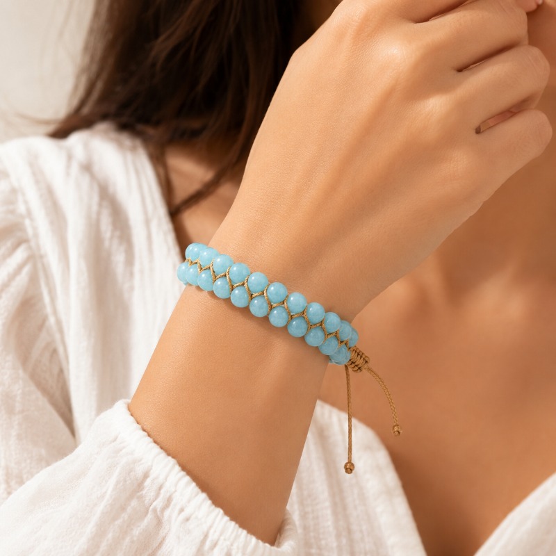 Ice Blue Natural Stone Double-Layer Woven Bracelet, Unisex