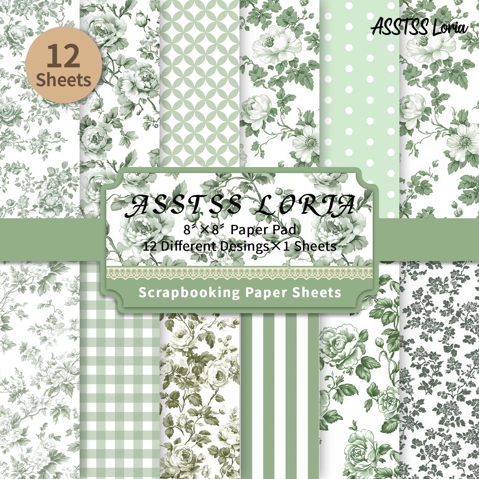 TEMU Lot de 12 feuilles de papier scrapbooking ASSTSS de 8 x 8 pouces, papier de base avec fleurs de vertes, papier cartonné épais pour journaling,