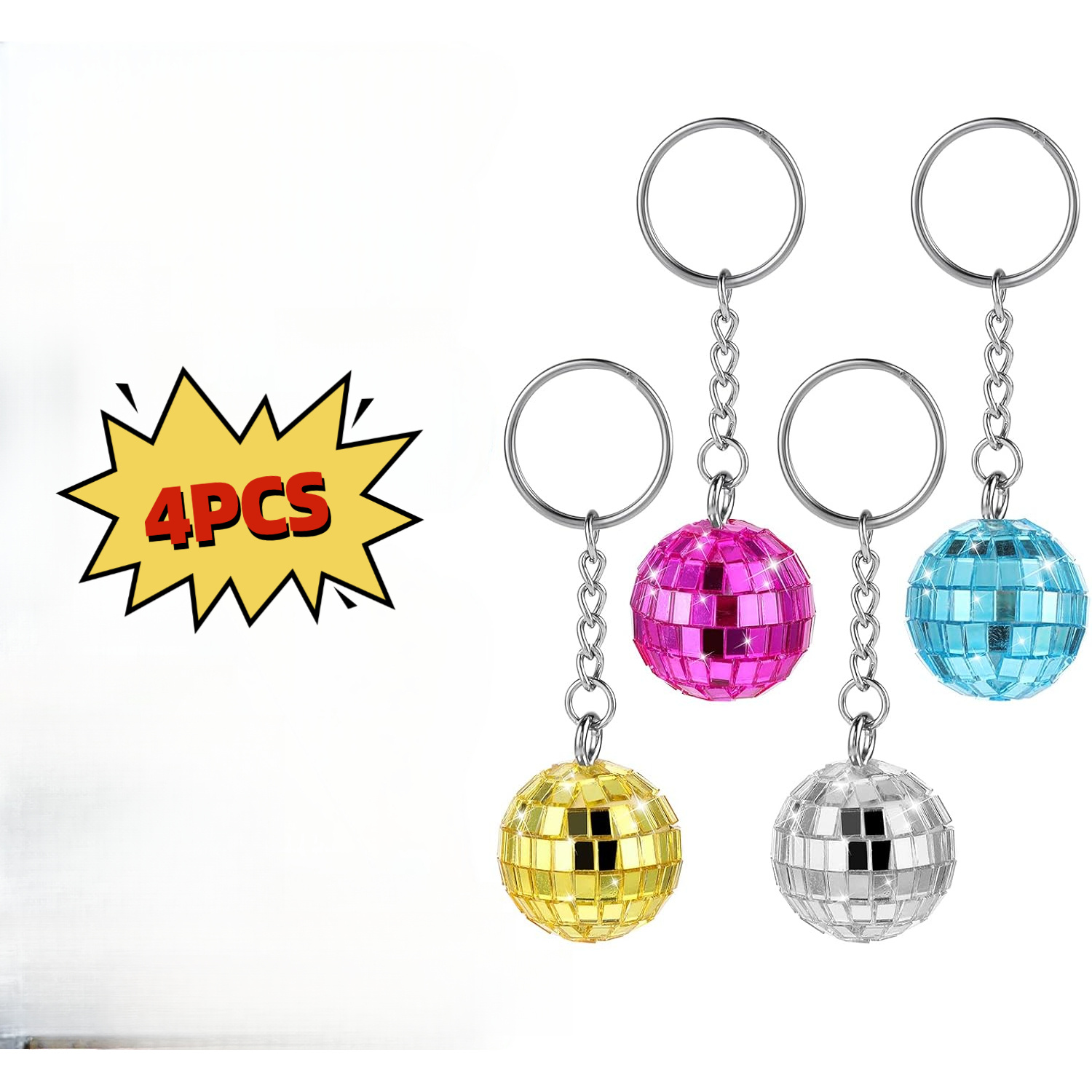 E-shop Set mit 4 Disco Kugel Party Geschenk Schlüsselanhänger, 70er Disco Stil, Silberne Spiegelkugel Schlüsselanhänger für Balsam Party Zubehör, 70er