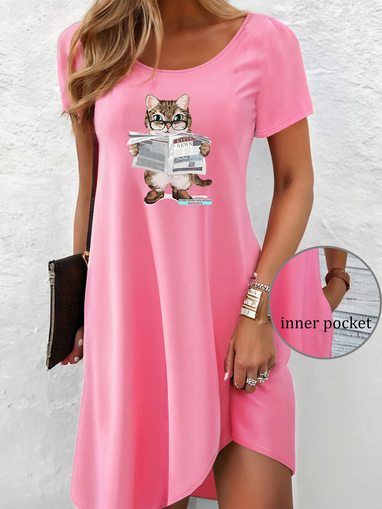 item picture ladies short sleeved cat reading newspaper print dress pink loose dress with pockets suitable for   daily   date casual dress loose print dress suitable for  