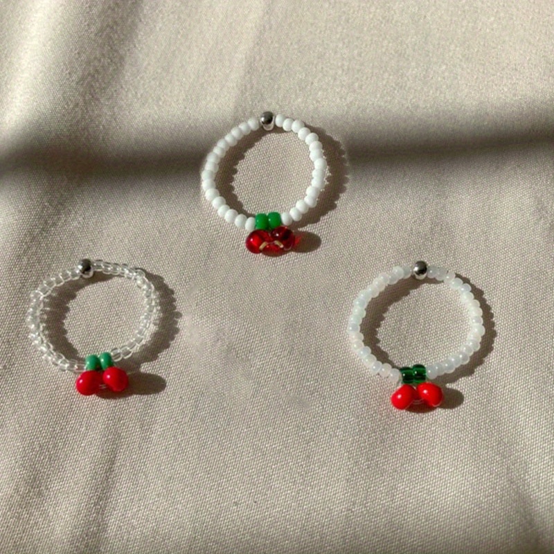 3pcs Women's Stackable Beaded Rings with Cherry and Pearl Vintage Glass
