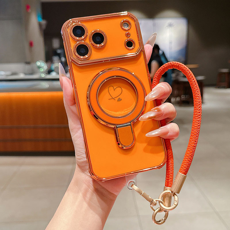 TEMU Phone Case - Minimalist Fashion Plated Heart Large Window And Hardware Magnetic Bracket Short Hand Rope Phone Case For Iphone