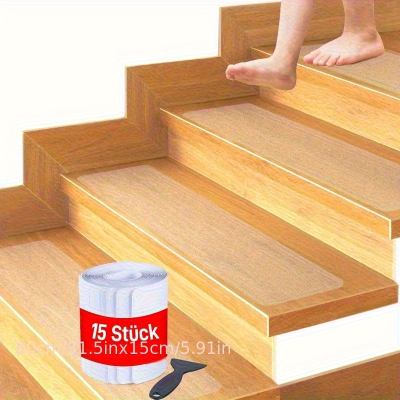 15 pack 15x80cm transparent self   wooden stair anti slip pads with scraper tool non slip step strips for   durable tread grippers for hardwood stairs 15x31 5 inch stair treads non slip   wooden deck coverage 0