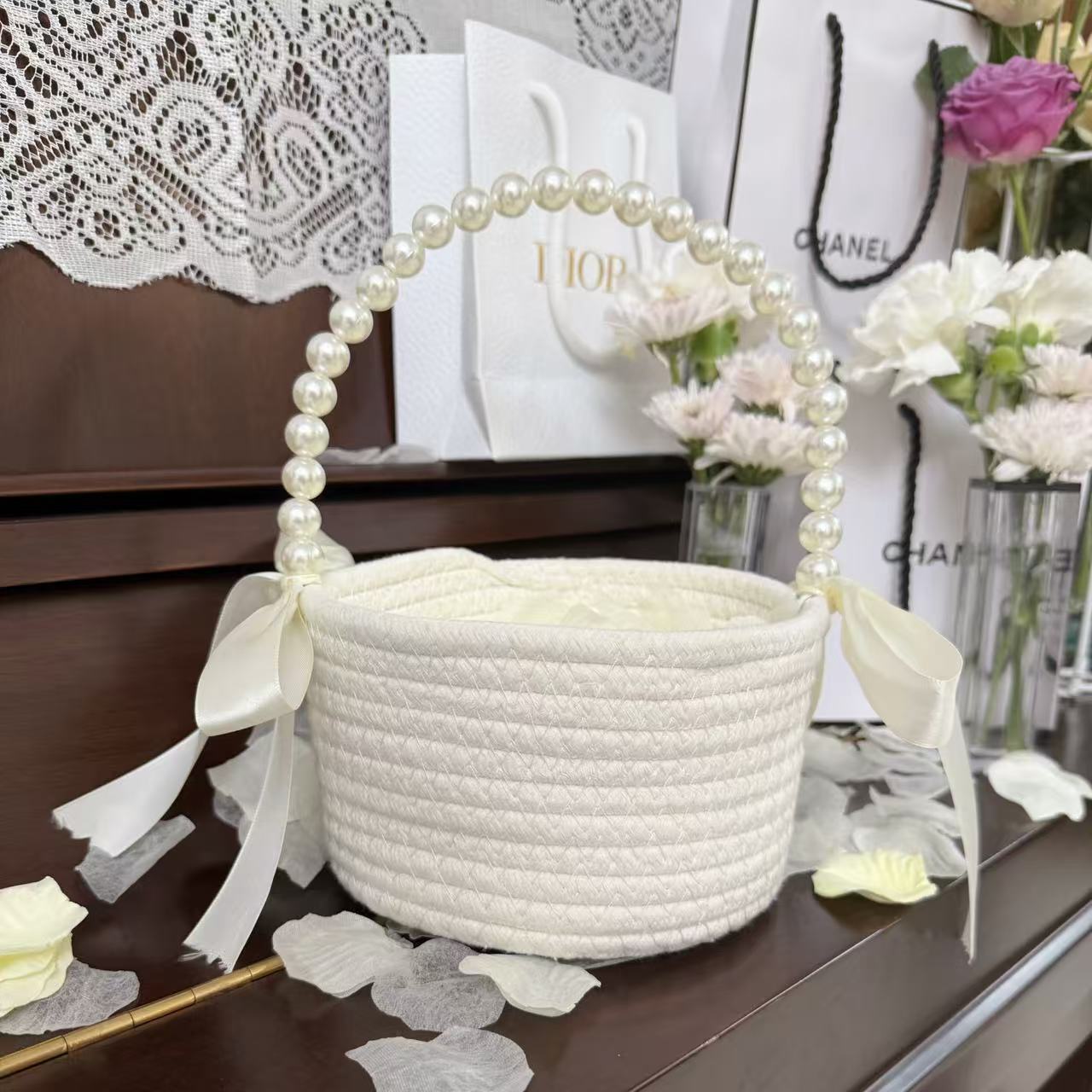 Flower Basket, Cotton Rope, , Flower Petal Basket, Flower Boy Basket, Cotton Thread, Small Basket, Storage (1pc)