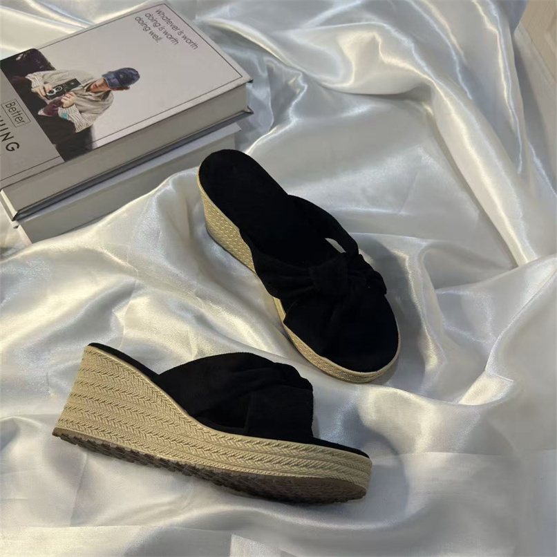 TEMU Petite Height-increasing Plus-size Knotted Wedge Slippers For Women, Summer 2026 Outdoor Wear, Straw Woven Thick-soled Beach Sandals,