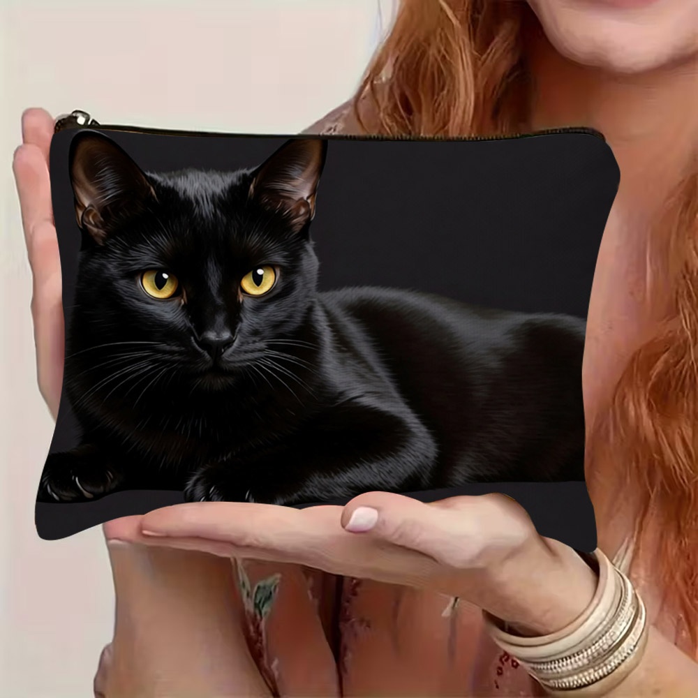 TEMU 1pc 2d Flat Printed Sleek Black Cat Pattern Cosmetic Bag, Zipper Closure, Lightweight And Durable, Portable Pouch Ideal For Travel Makeup