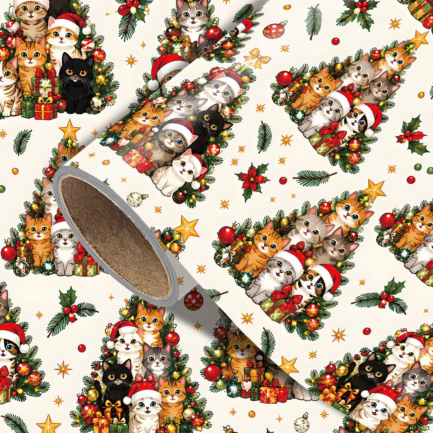 TEMU Roll Cute Cat Wrapping Paper Suitable For Christmas Gifts, Cat-themed Party Decorations With Christmas Tree Cats, Hats & Daisy Patterns - Glossy