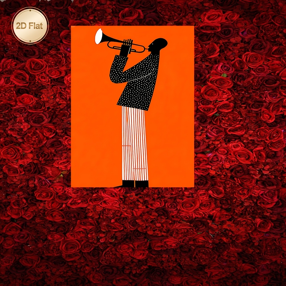 TEMU 2d Flat, 2d Flat, 1pc Framed 2d Canvas Wall Art | Black Silhouette Jazz Musician Playing Trumpet With Orange Background, Suitable For Living