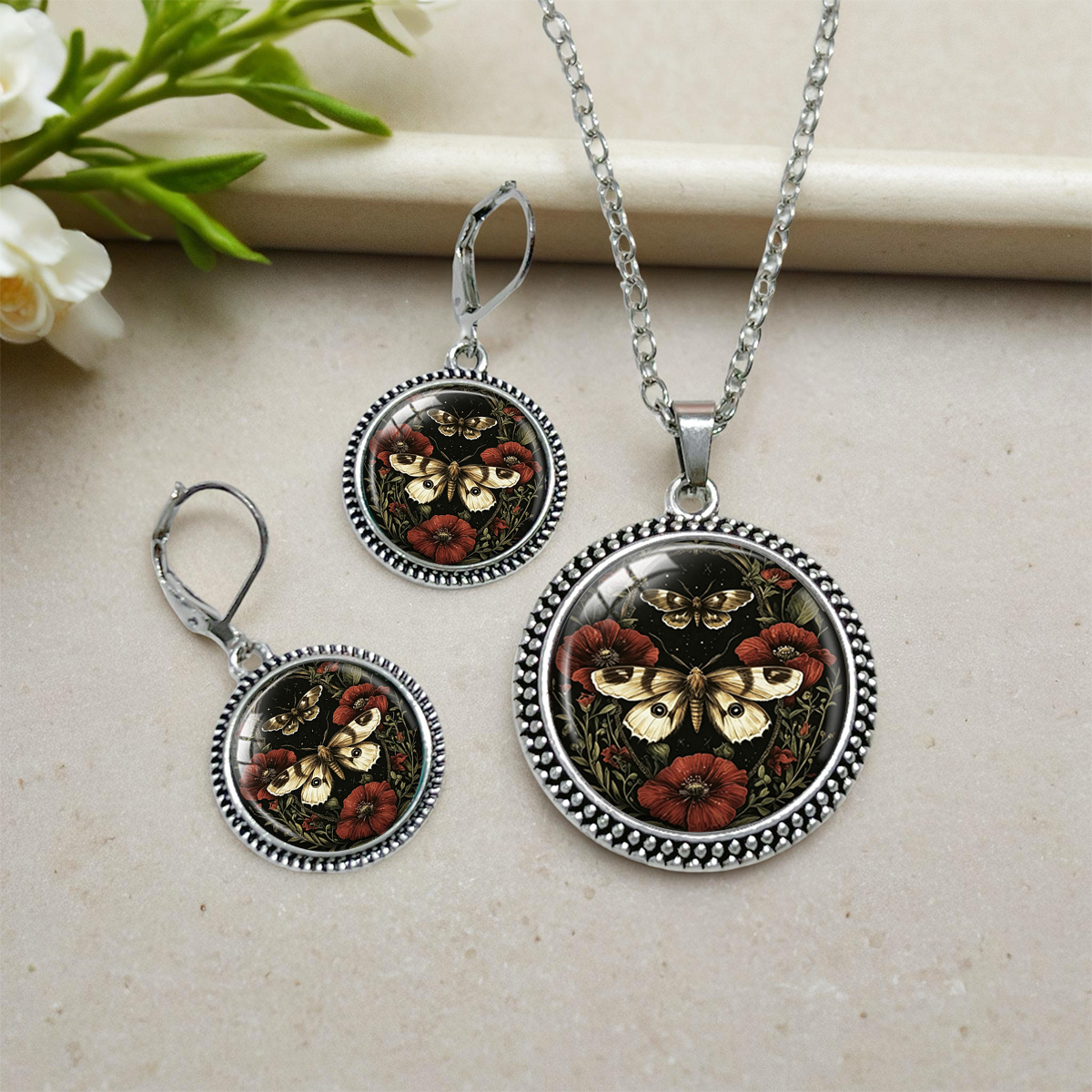 3pcs Vintage Papaver Rhoeas Moth Necklace & Earrings Set