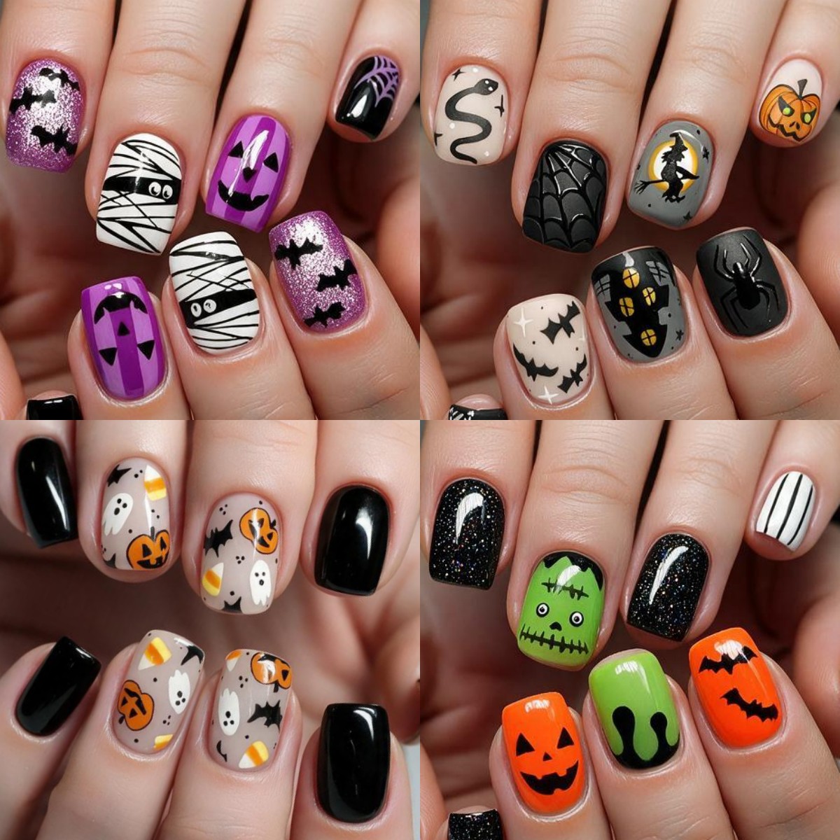 TEMU 96pcs Short Square Cute Halloween Press-on Nails, Bat Pumpkin Web Black Cat, Sweet And Edgy Detachable Fake Nails For Women's Manicure