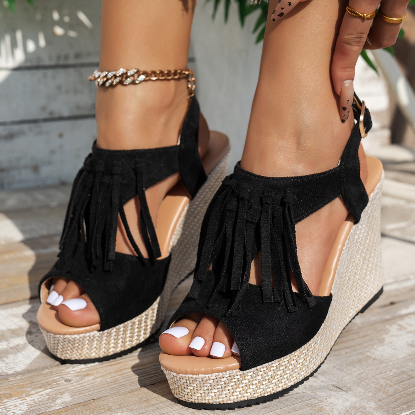 LarDorLin Espadrille Plateau Sandalen Damen - Geschlossene Keilabsatz Schuhe Mit 7cm Absatz