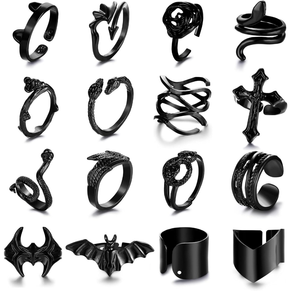 Image of 16pcs Gothic Rings For & - 16pcs Adjustable Open Vintage Punk Goth Jewelry With Snake, Bat, Cross Charms Suitable For Goth , Themed Parties, Casual Attire - No Coating Gothic, For Teenager