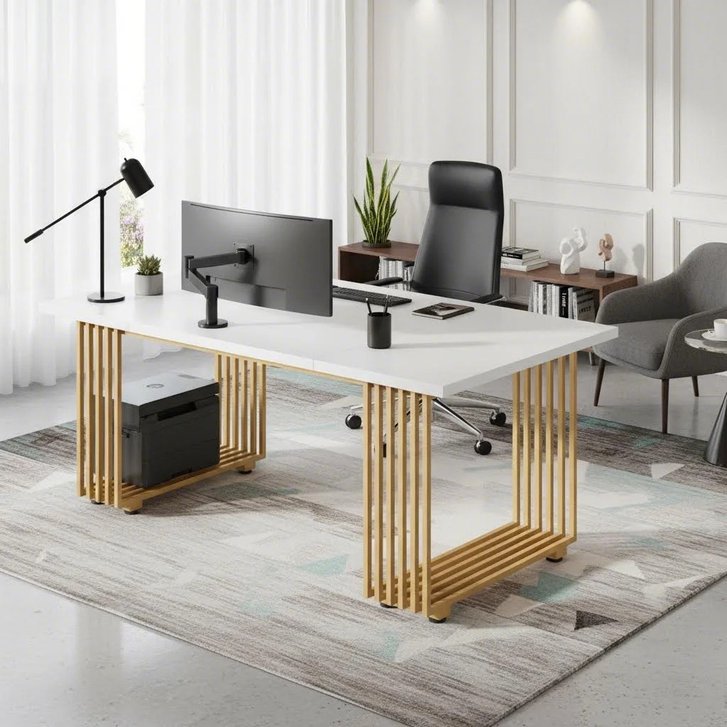 71 Inch Modern , White And Golden Office Computer Workstation (only Table 1pc)