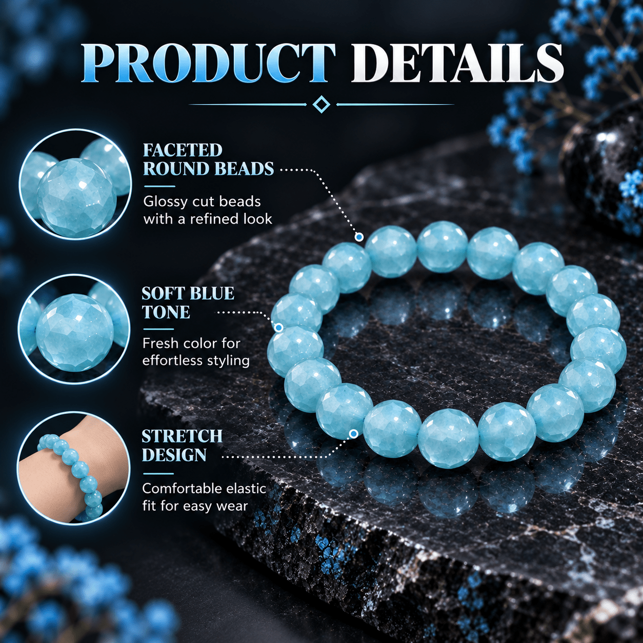 Lucky Beaded Bracelet, Natural Gradient Crackle Blue Beads
