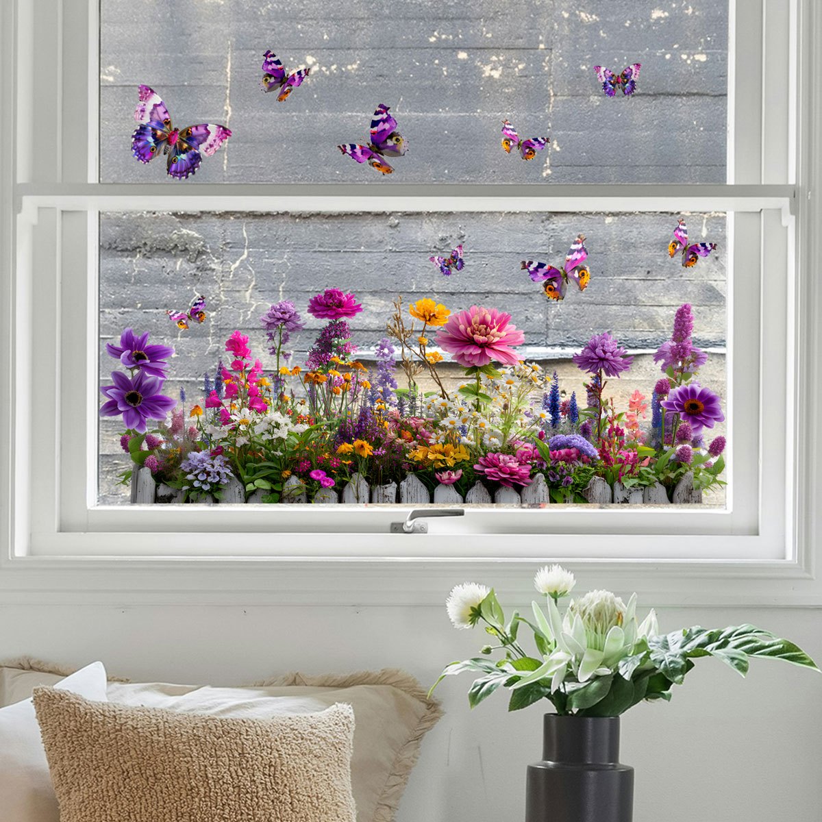 E-shop Bunte Blumen und lila Schmetterling Fensterstickers | Statik, wiederverwendbare Kunststoffdekoration für Schlafzimmer, Wohnzimmer,