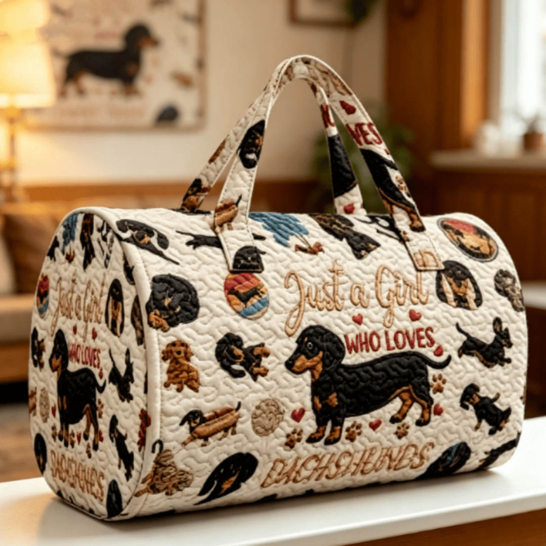 TEMU Cute Dachshund Dog Quilted Duffle Bag With Sausage & Embroidery - Retro Suitable For Travel, Portable Hand Luggage, Weekender Bag For , Carrier