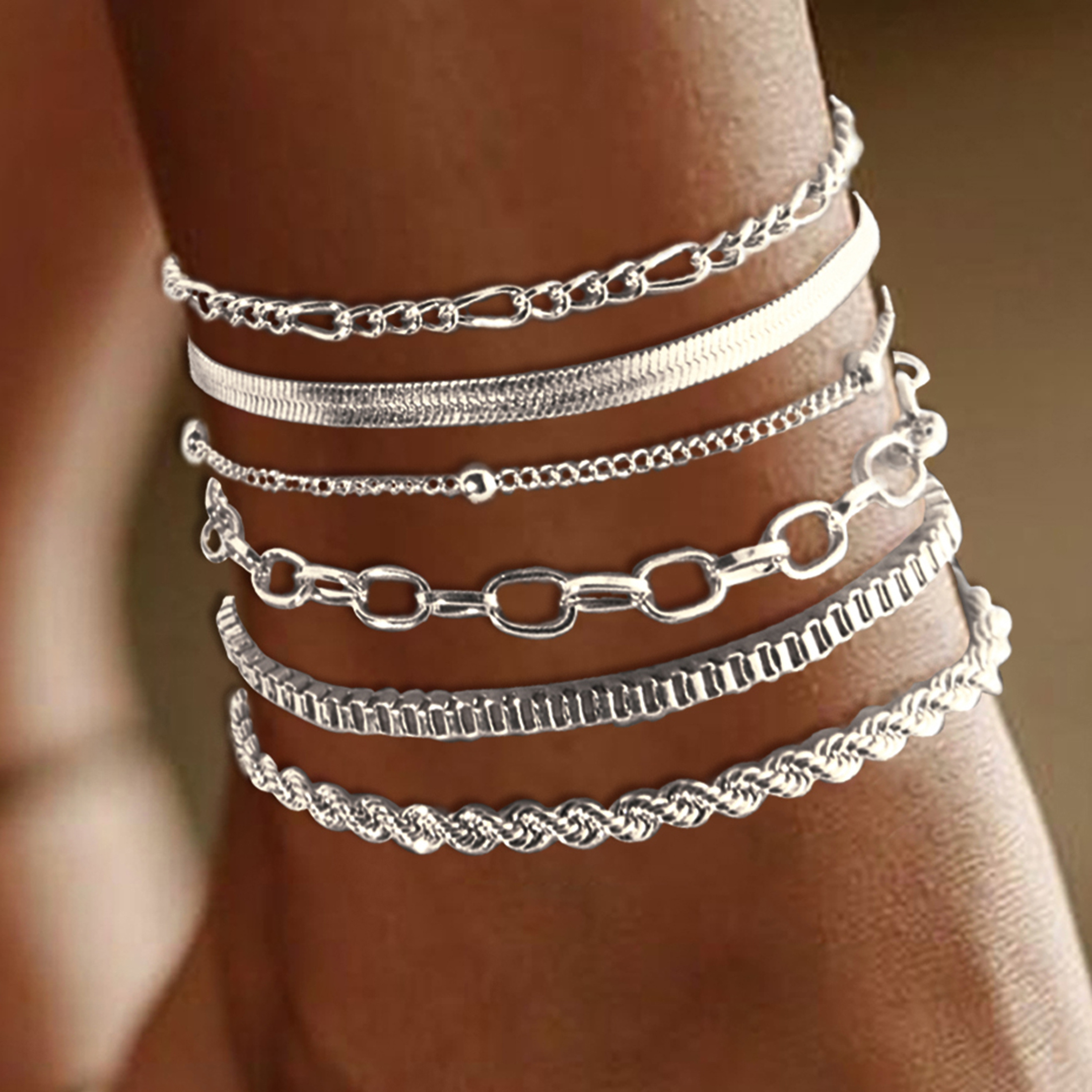 Image of 6pcs Set, Fashionable Anklets, Minimalist Exquisite Light Luxury Foot Jewelry, Low Allergy, Daily Vacation Party Gift Jewelry