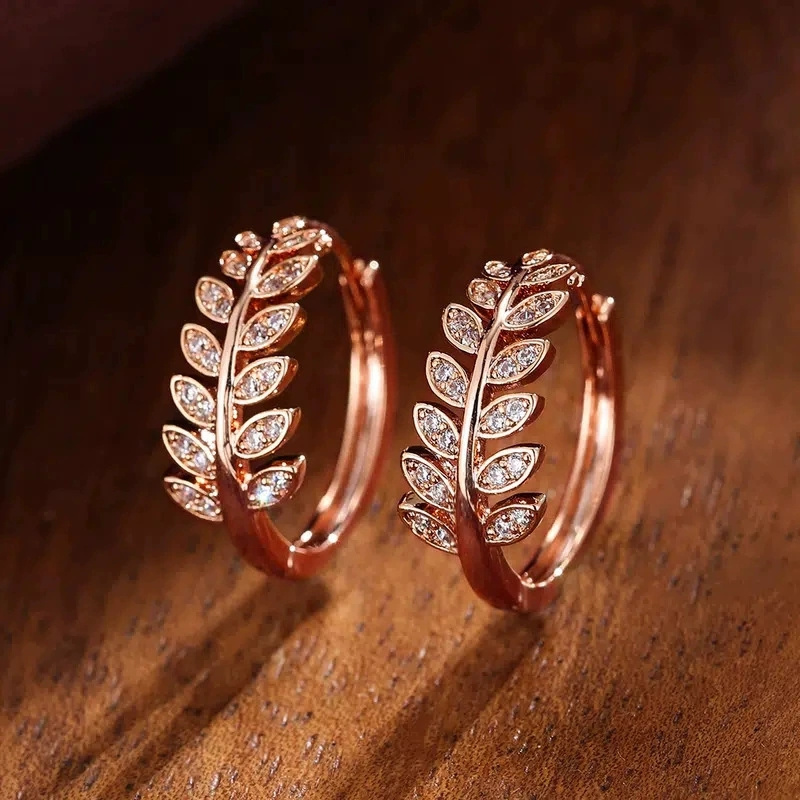 Image of 1 Pair Women's Fashion Hoop Earrings Exquisite Small Synthetic Zirconia Leaf Hoop Earrings Women's Vacation Casual Wear Earrings