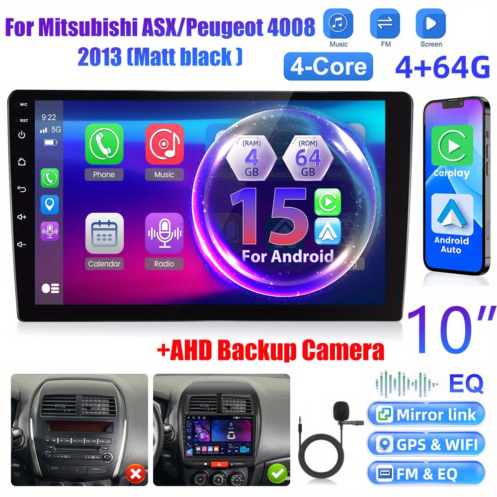 Image of [4+64g] 10 Inch For 15 Radio Double Din Car Stereo For Asx/ For 2013 With For Auto, 1080p Touch Screen Radio Wifi/ / Fm/ Swc/ / Backup Camera/ Mic/ 32 Eq