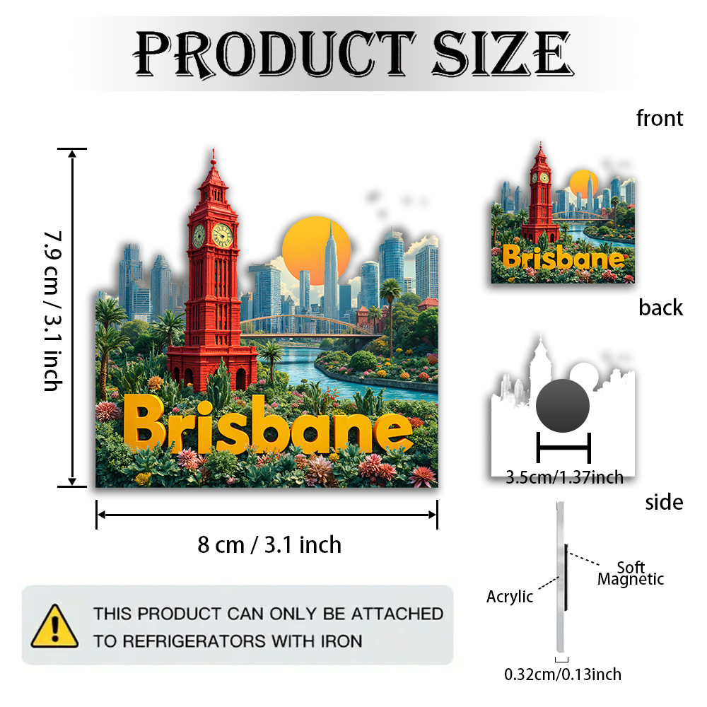 TEMU 1pc Brisbane Clock Tower Magnet - Acrylic Fridge Magnets Suitable For Australia-themed Decor, Travel Souvenirs & Gifts, Brisbane Collectible, 2d