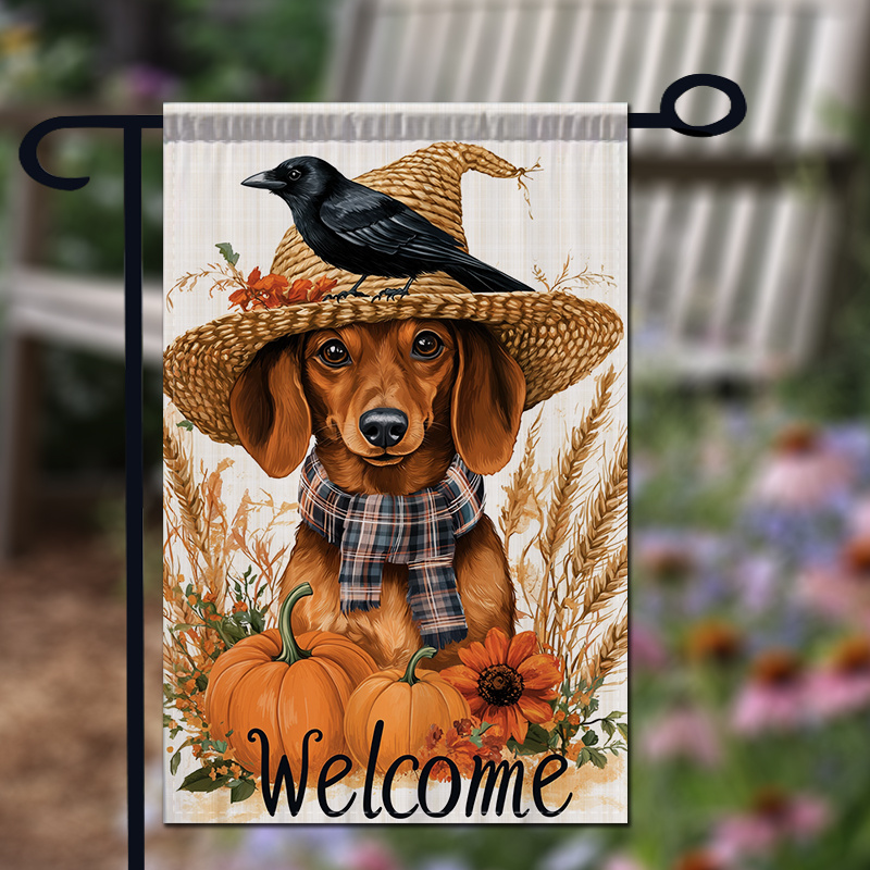 TEMU 2d Flat, 1pc, 2d Flat Welcome Dachshund Crow Garden Flag, No Electricity Required, 12 Inches X 18 Inches, Perfect For Gardens, Patios, And