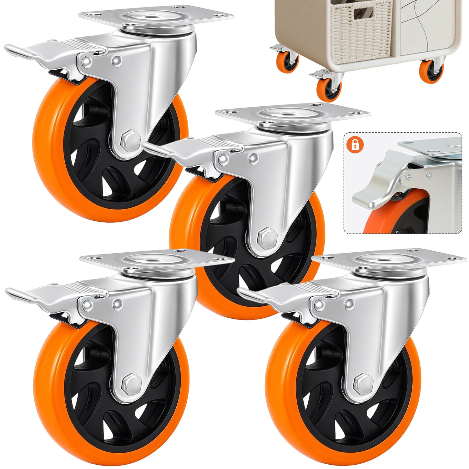 Image of 4 Pack Swivel Casters | 100mm Diameter Industrial Casters For Warehouse, Home, Workshop | Material: Plastic, Brand: Anikers