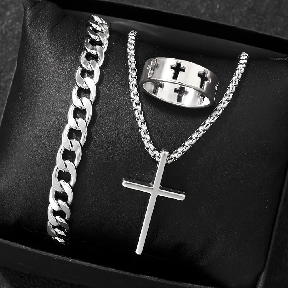 Conjunto de Joyería de Moda para Hombre de 3 Piezas, Pulsera Hip-Hop, Collar y Anillo, Aleación, Un Regalo Elegante para Novio/Marido