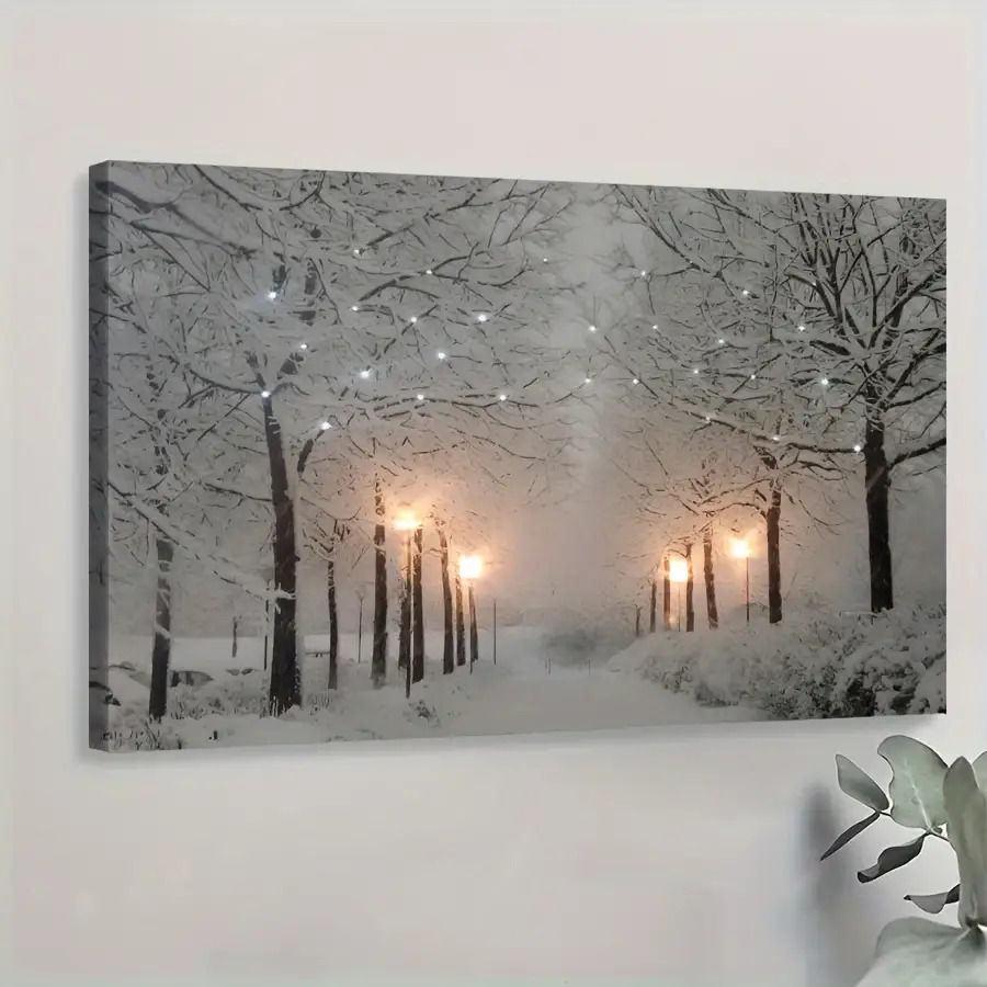 TEMU 2d Flat, Framed Winter Canvas Wall Art- Glowing Scene With Snow-covered Trees& Wood Frame, Wrapped Canvas Painting Suitable For Bedroom& Living