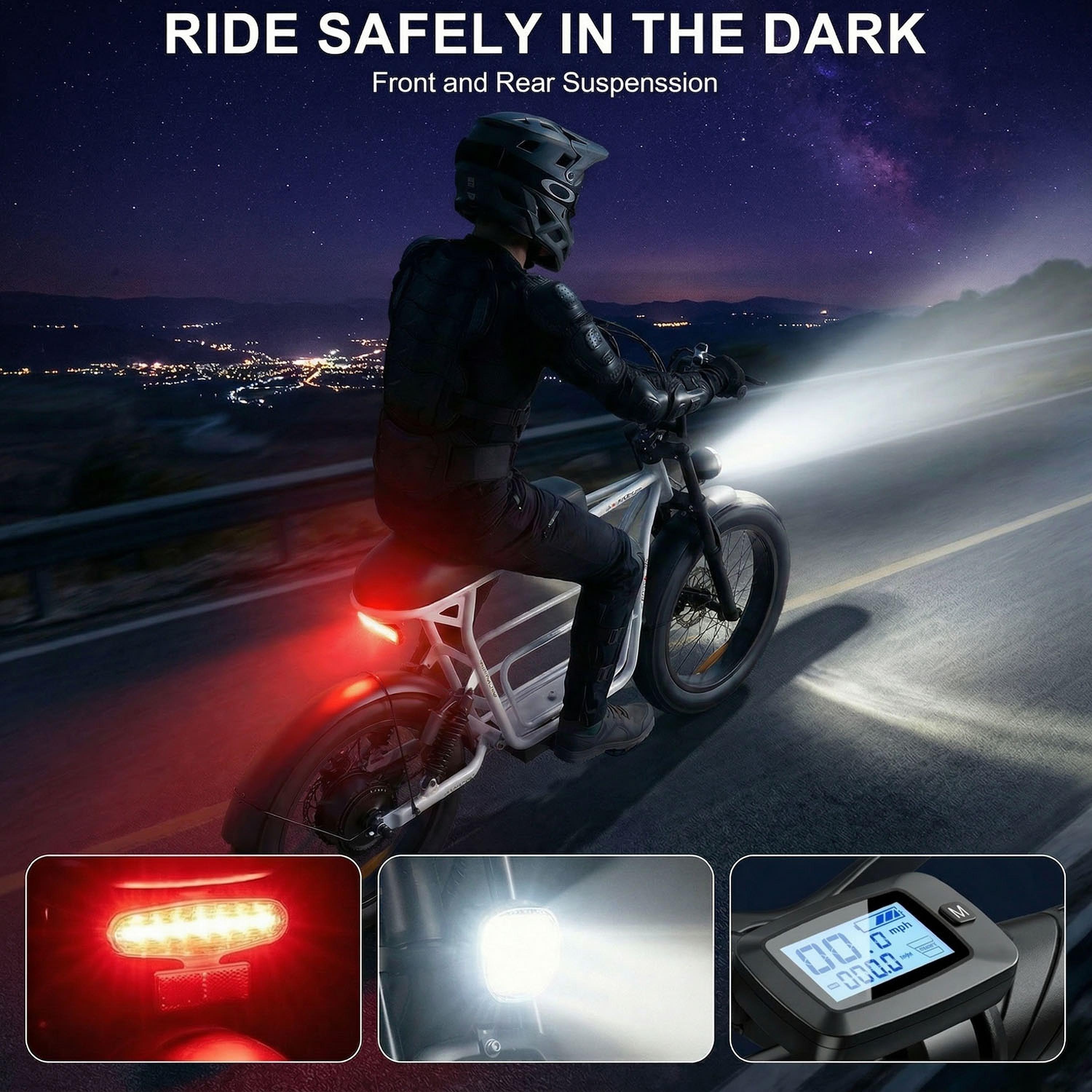 scooter with a seat, 500w motor, 20-inch   tires, a   of 20 miles per hour, a range of  , a 48 .4ah high-capacity battery, a commuting electric scooter   with an lcd display and   brakes Product details 0