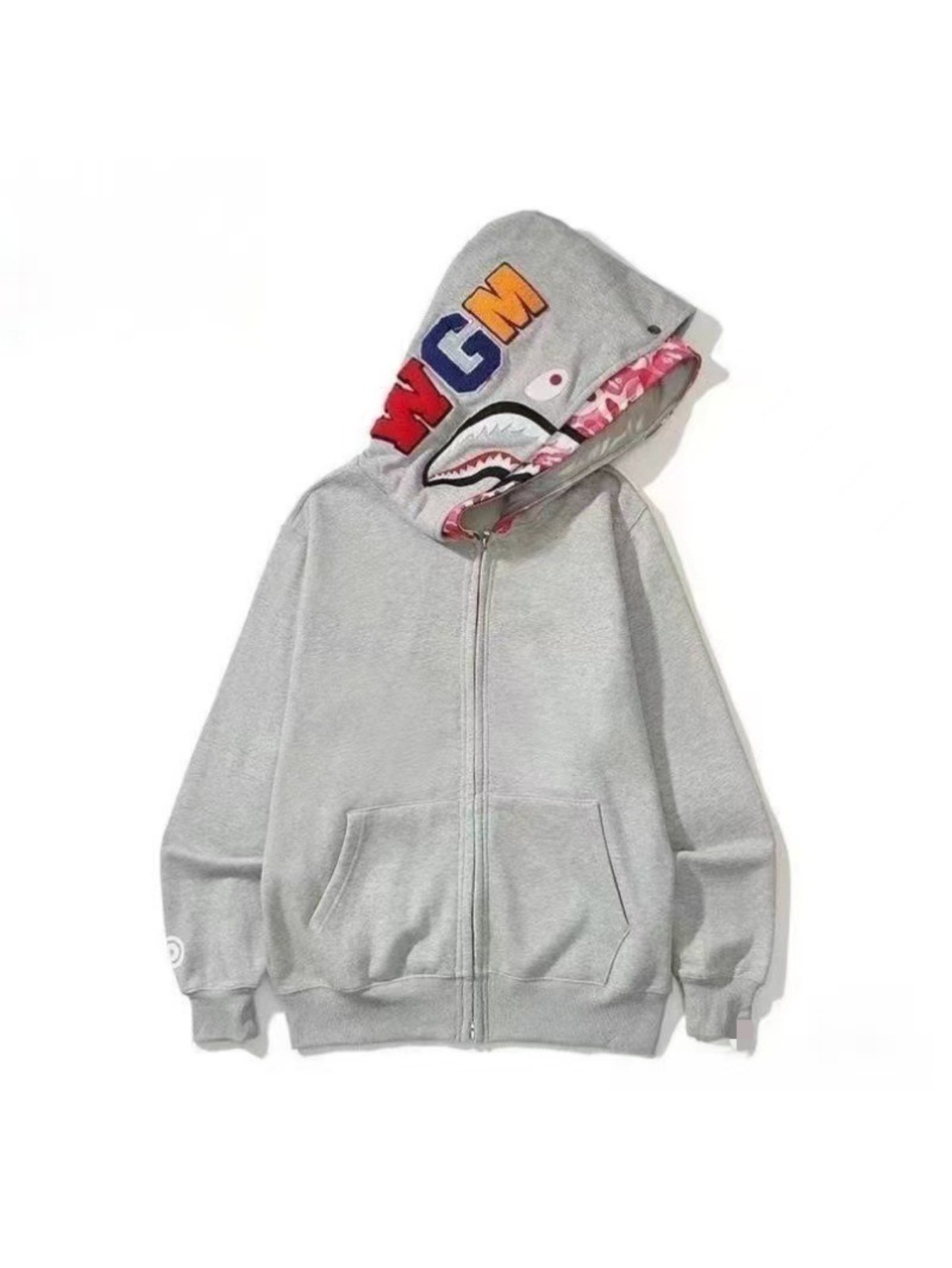 Men'S & Unisex Shark Graphic Zipper Double Hoodie Jacket | 3D Shark Head & Ape/Human Design, Loose Fit Batwing Sleeves, Light Gray Pink Camo Print, Machine Washable, Casual All-Season Outerwear, Fashion Old School Vibe Hoodie